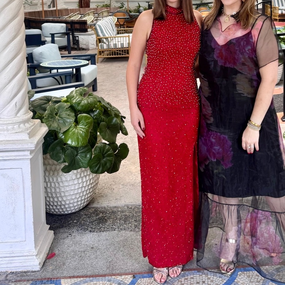 100% Silk Red Beaded High-Neck Maxi Gown